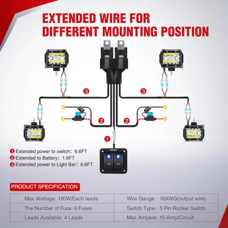 16AWG Wire Harness 4 Leads W/ 2 Gang Rocker Switch | 6 Fuses | 8 Spade Connectors Nilight