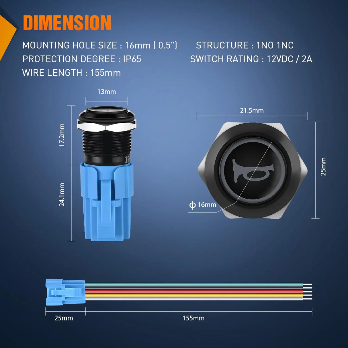 16MM Raised Speaker Horn Momentary Push Button Switch Nilight