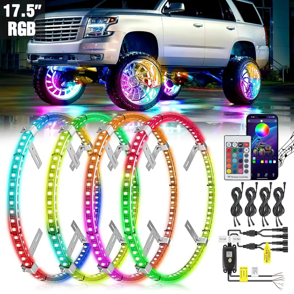 17.5 Inch LED Wheel Ring Lights Double Row RGB APP Remote Control 4Pcs ...
