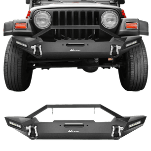 Front Bumper 1987-2006 Jeep Wrangler TJ & YJ Front Bumper Rock Crawler Bumper with 2Pcs LED Lights Winch Plate 2Pcs D-Rings Upgraded Textured Black
