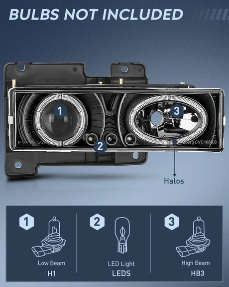 1988-1998 Chevy/GMC C10 C/K 1994-1999 Tahoe 1992-1994 Blazer 1992-1999 Yukon Suburban Headlight Assembly Black Housing Clear Lens Nilight