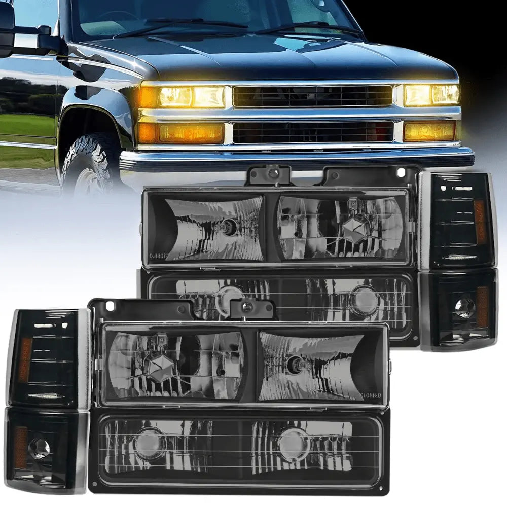 1994-1998 GMC C10 Sierra Yukon Suburban Headlight Assembly Chrome Case Smoke Reflector Nilight