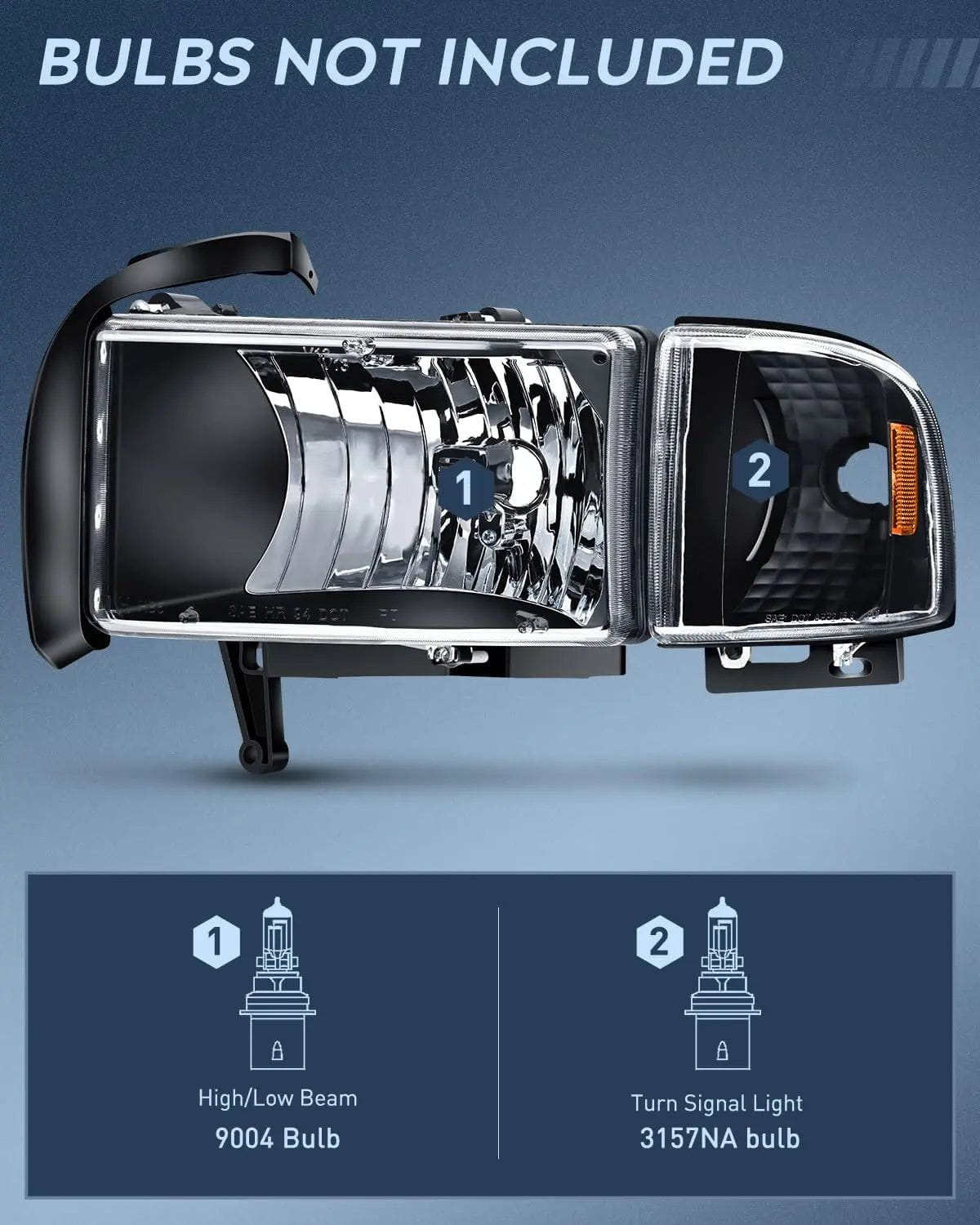 Headlight Assembly 1994-2002 RAM 1500 2500 3500 Headlight Assembly Black Case Amber Reflector