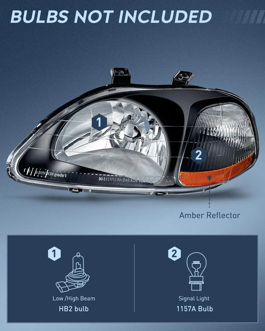 1996-1998 Honda Civic Headlight Assembly Black Case Amber Reflector Upgraded Clear Lens Nilight