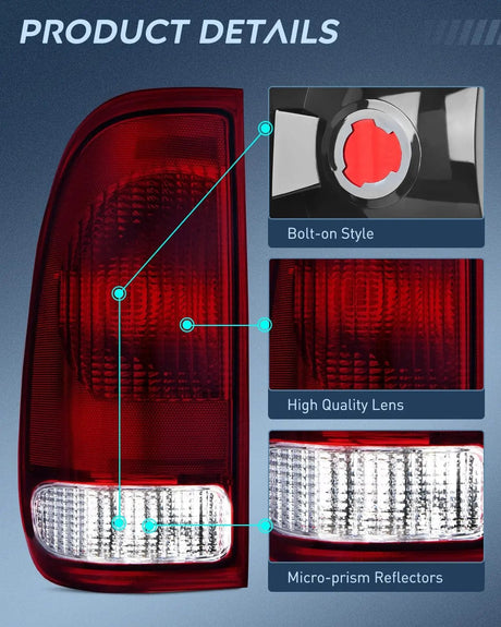 Taillight Assembly 1997 1998 1999 2000 2001 2002 2003 Ford F150 1997 1998 1999 Light Duty 1999 2000 2001 2002 2003 2004 2005 2006 2007 Ford Super Duty Taillight Assembly Dark Red Rear Lamp Replacement OE Style Driver Side