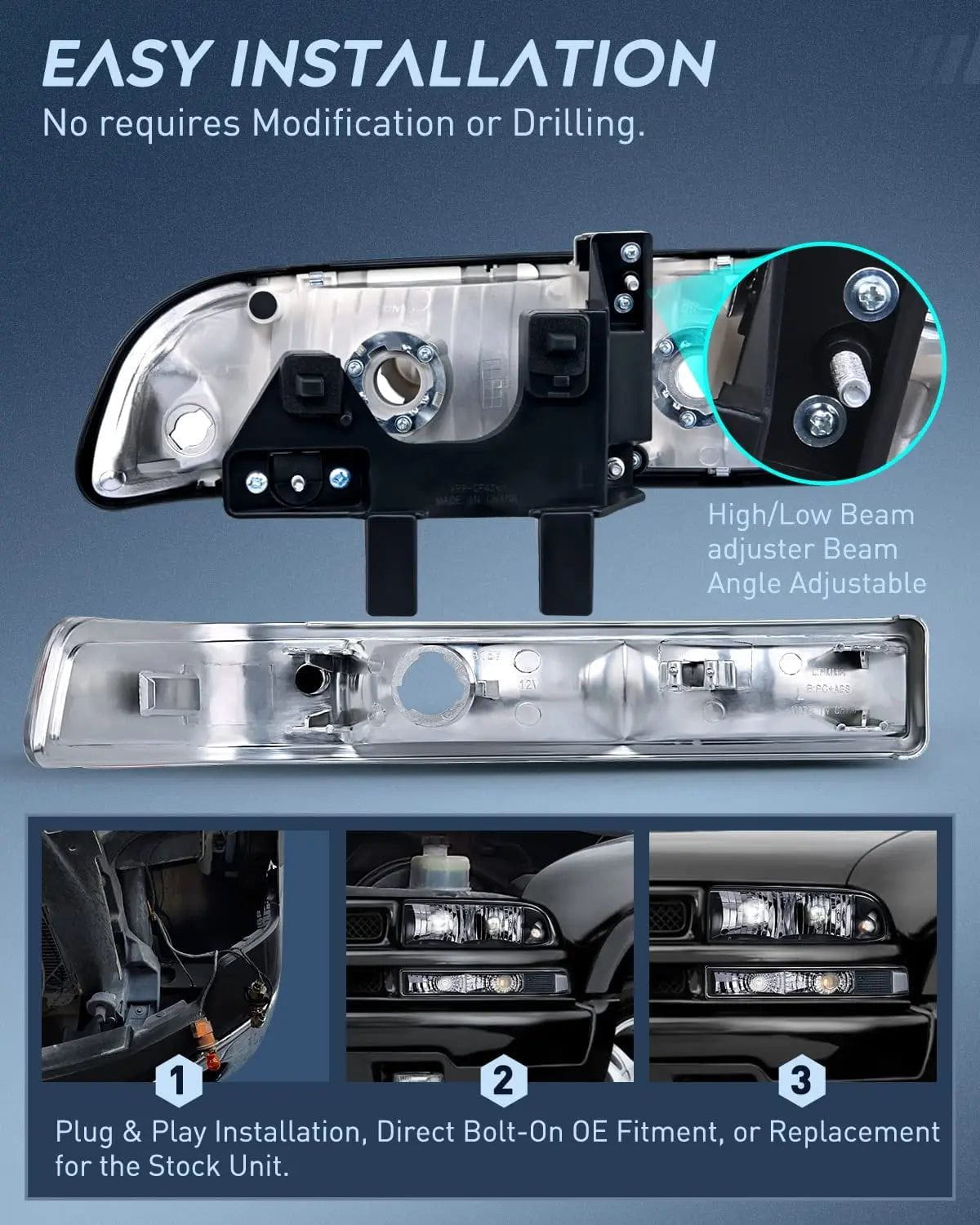 Headlight Assembly 1998-2005 Chevy Blazer S10 Headlight Assembly Black Case Clear Reflector