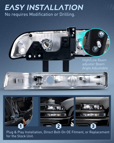 Headlight Assembly 1998-2005 Chevy Blazer S10 Headlight Assembly Black Case Clear Reflector