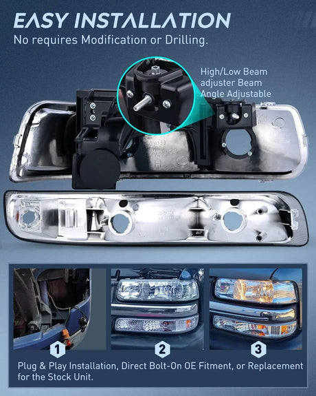 Headlight Assembly 1999-2002 Chevy Silverado Avalanche 1500 1500HD 2500 2500HD 3500 Chevrolet Tahoe Suburban Headlight Assembly Chrome Case Amber Reflector