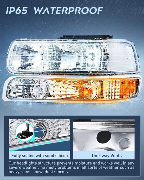 Headlight Assembly 1999-2002 Chevy Silverado Avalanche 1500 1500HD 2500 2500HD 3500 Chevrolet Tahoe Suburban Headlight Assembly Chrome Case Amber Reflector