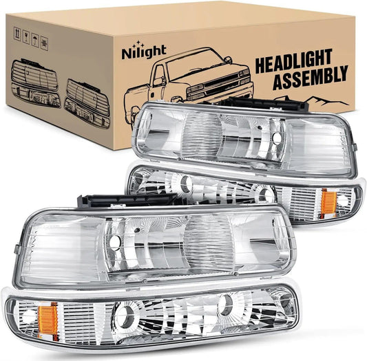 Headlight Assembly 1999-2002 Chevy Silverado Avalanche 1500 1500HD 2500 2500HD 3500 Chevrolet Tahoe Suburban Headlight Assembly Chrome Case Amber Reflector