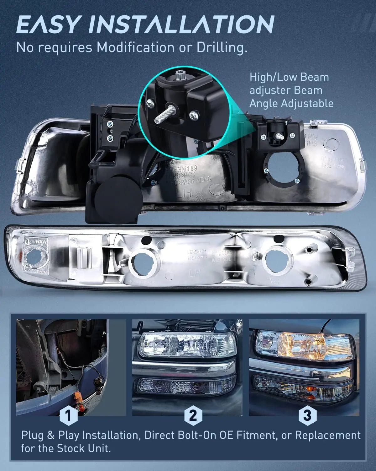 Headlight Assembly 1999-2002 Chevy Silverado Avalanche 1500 1500HD 2500 2500HD 3500 Chevrolet Tahoe Suburban Headlight Assembly Chrome Case Clear Reflector Smoke Lens
