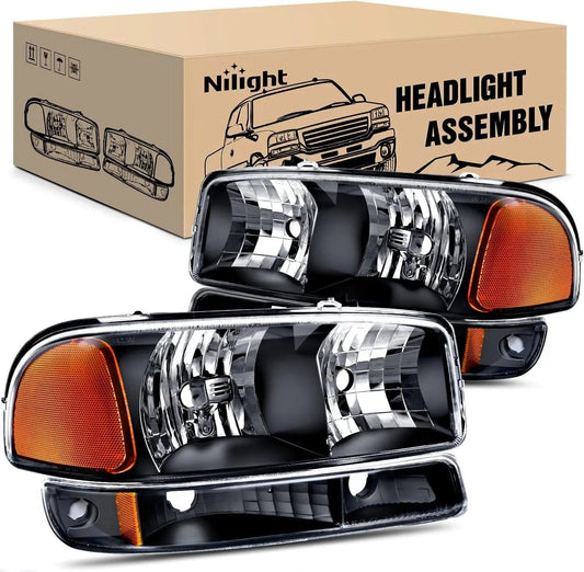 Headlight Assembly 1999-2006 GMC Sierra Yukon Headlight Assembly Black Case Amber Reflector