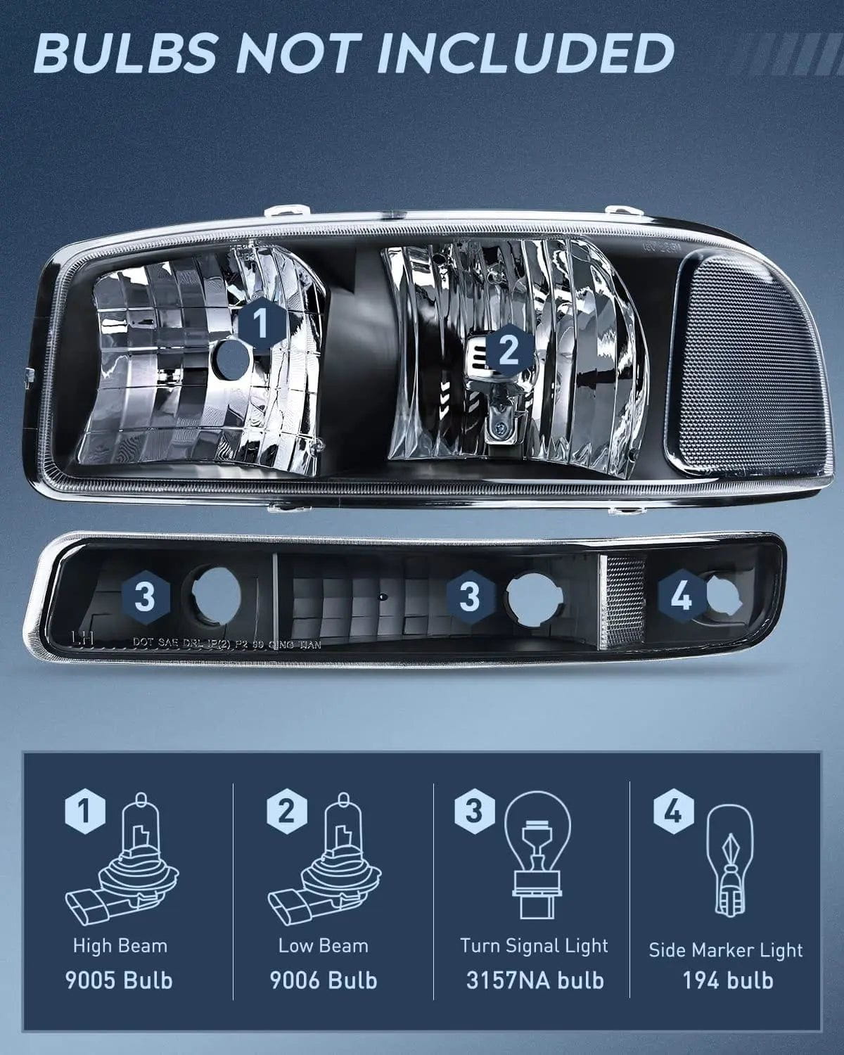 Headlight Assembly 1999-2006 GMC Sierra Yukon Headlight Assembly Black Case Clear Reflector