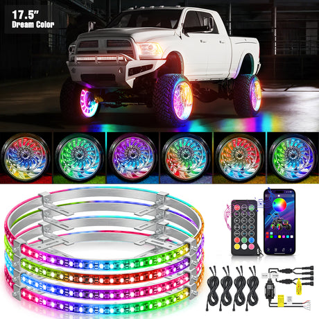 Nilight 4PCS 17.5inch Wheel Ring Lights Deram Color with APP and Remote Control Neon Lights Million Colors w/Turn Signal and Braking Function for Car Van SUV Truck
