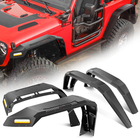 Nilight 2018-2025 Jeep Wrangler JL&JL Unlimited 2/4Doors Wide Flat Front & Rear Fender Flares w/LED Lights Turn Signal Lights DRL (No fit 2020+ Gladiator JT)