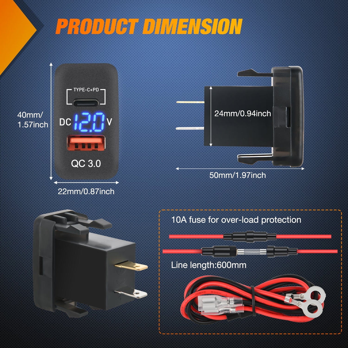 12V USB Charger PD Type C and QC 3.0 Car USB Quick Charge with LED Voltmeter Nilight