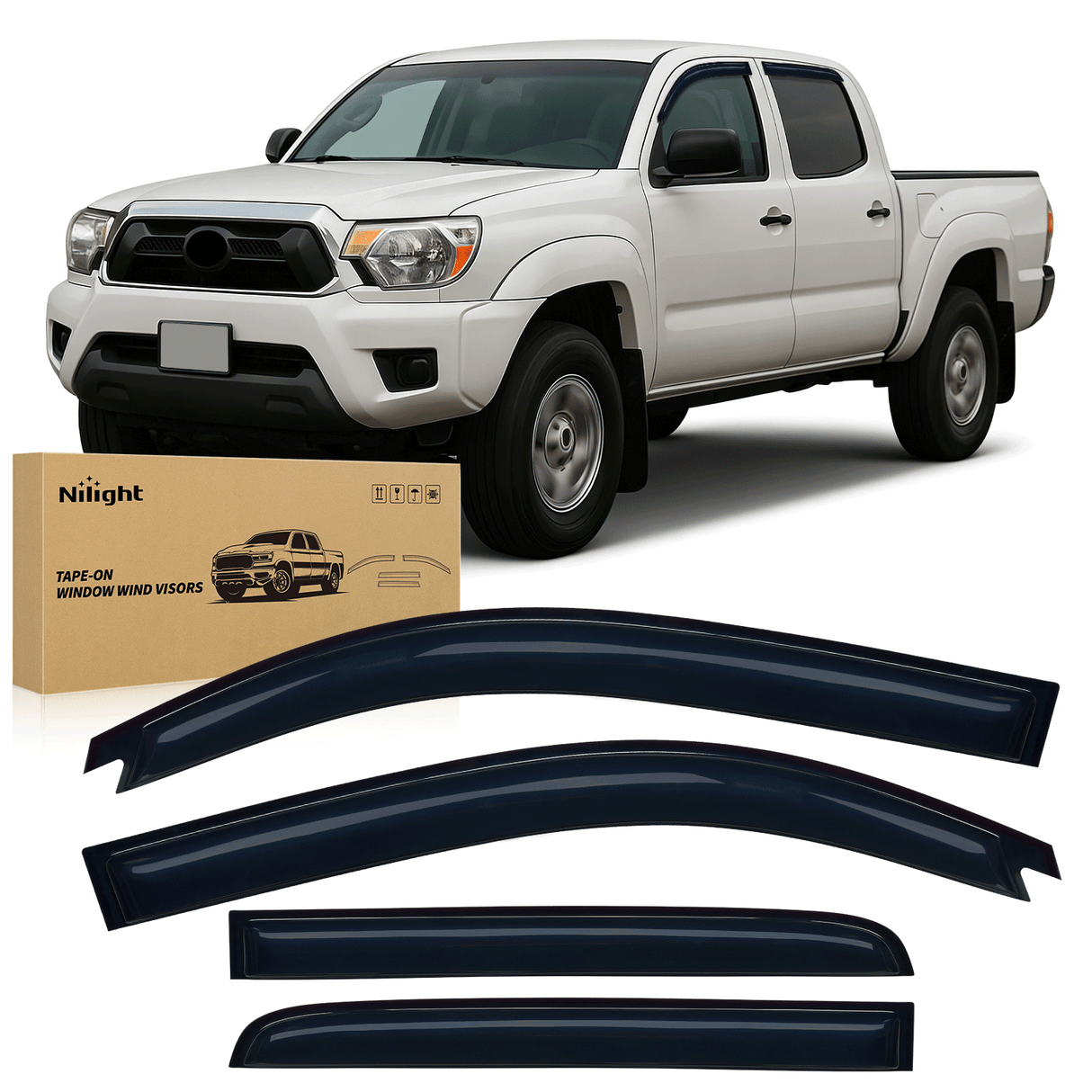 Rain Guards for Toyota Tacoma Double Cab 2005-2015 2010 2011 2012 2013 2014 2015, Out-Channel Window Visors Vent Wind Deflectors-4PCS