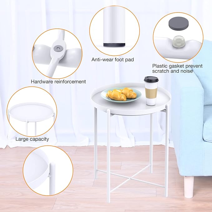 Side Table, End Table Metal Small Table Indoor Outdoor & Snack Bedside Table Sofa Side Snack Table Accent Coffee Table Living Room Bedroom Balcony 1 Layer (White)
