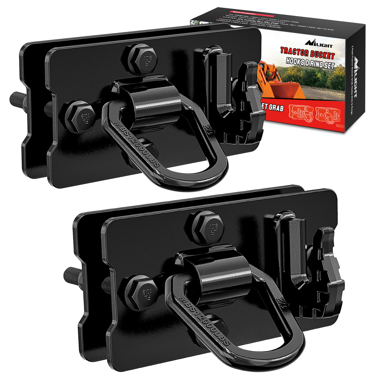 Nilight 2PCS Tractor Bucket Hooks with Tie Down Ring, Bolt-On Grab Hook with Back Plates Compatible with Trailer RV UTV Truck, Grade 70 Grade Forged Steel Max 15000 lbs, Black