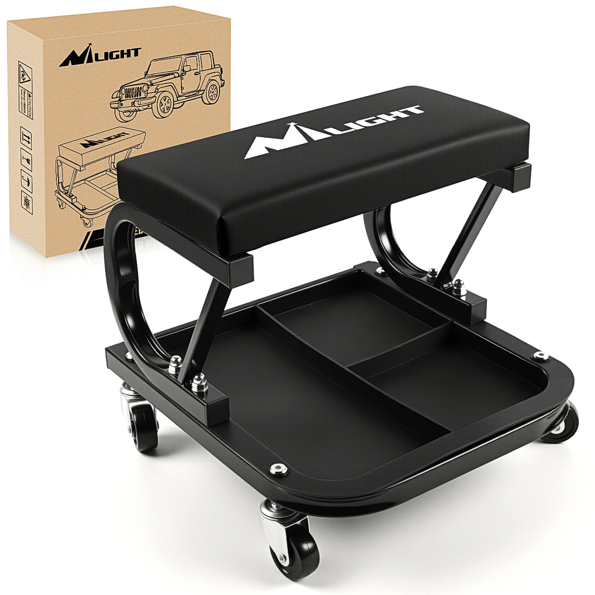 Creeper Seat 260 LBS Capacity Black Rolling Mechanic Padded Seat with Tool Tray Storage