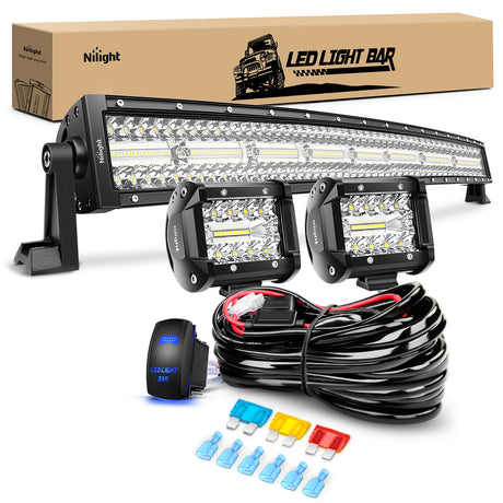 Nilight 33Inch LED Light Bar 2Pcs 4Inch 60W Spot Flood Lights Pods Off Road DrivingWork Lighting with 14AWG Wiring Harness Kit-3 Leads for Truck Tractor Pickup Boat SUV ATV UTV Car Van Camper