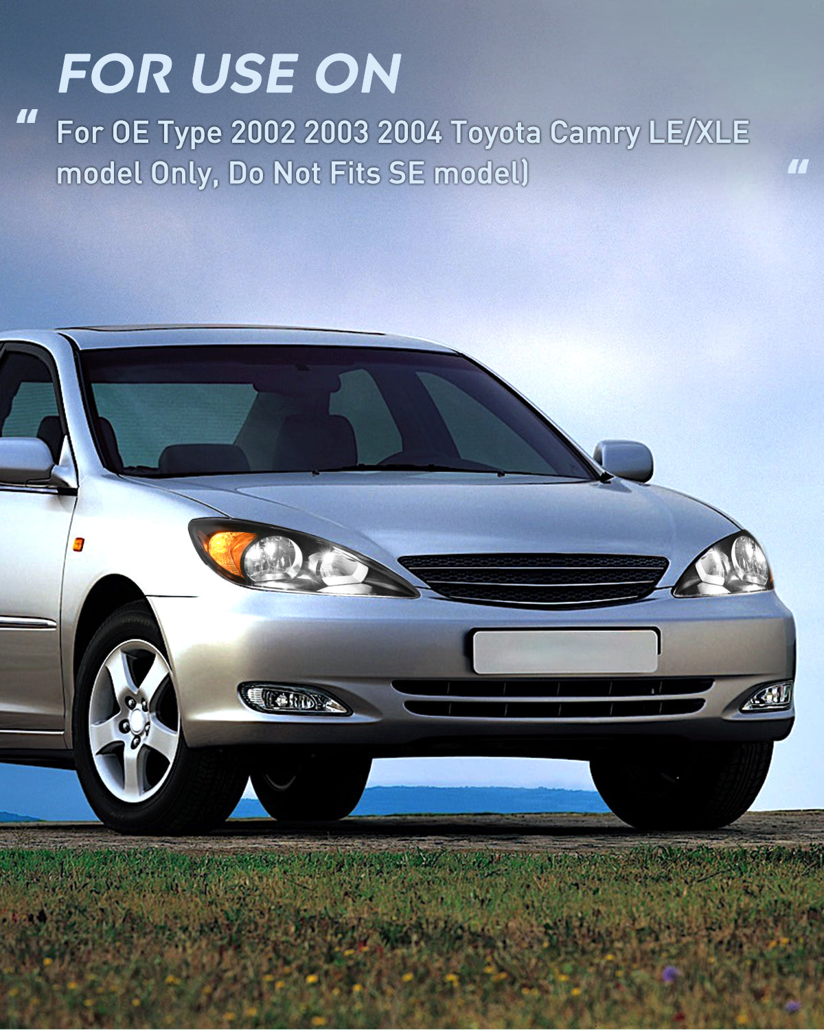 Headlight Assembly for 2002 2003 2004 Toyota Camry LE/XLE Headlamps Replacement Black Housing Amber Reflector Clear Lens Driver and Passenger Side