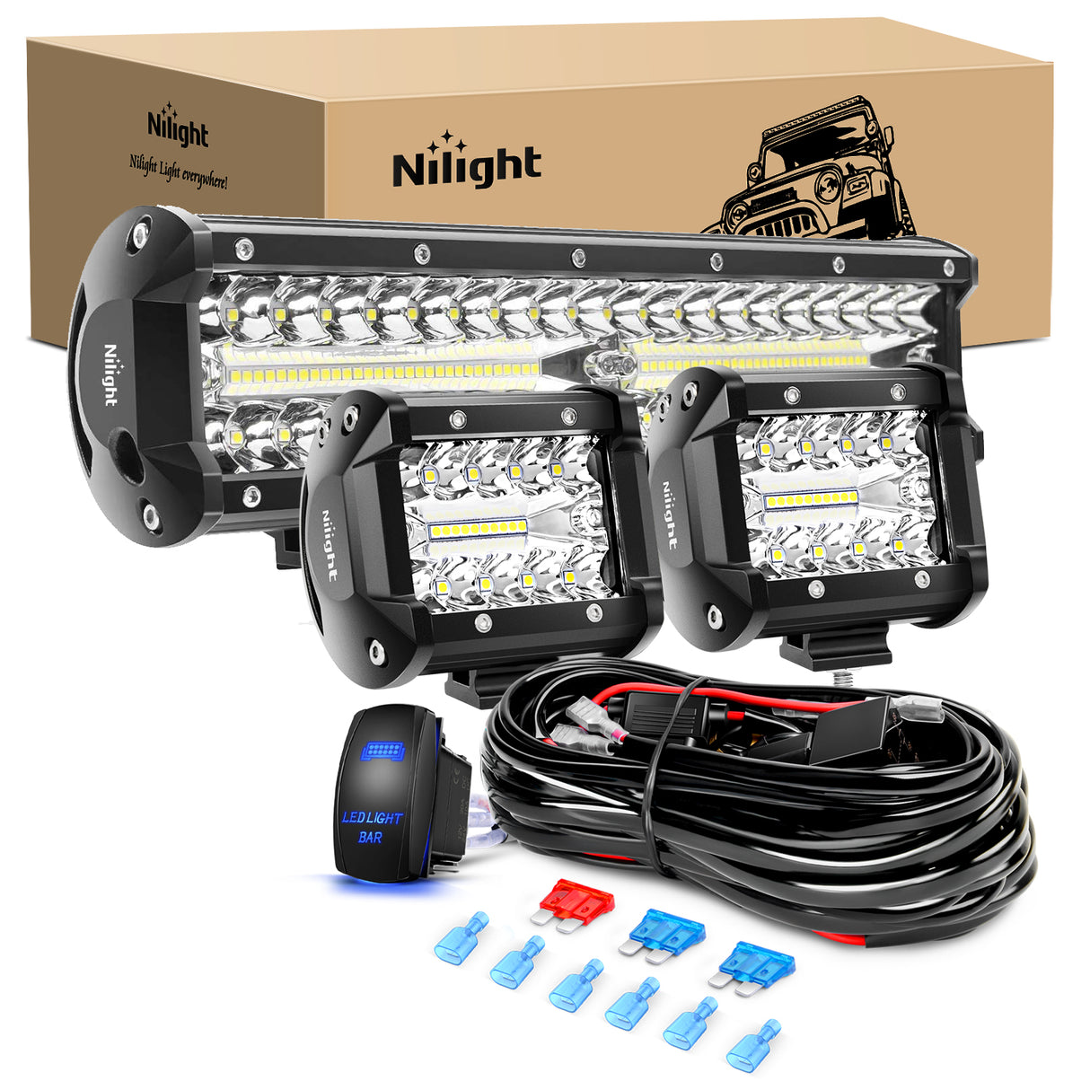 Nilight LED Light Bar 12 Inch 300W Spot Flood Combo 2 Pcs 4 inch 60W LED Pods Boat Driving Fog Lights with Off Road Wiring Harness- 3 Leads for Trucks Pickup Golf Cart SUV ATV UTV 4x4 Van Camper