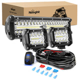 Nilight LED Light Bar 12 Inch 300W Spot Flood Combo 2 Pcs 4 inch 60W LED Pods Boat Driving Fog Lights with Off Road Wiring Harness- 3 Leads for Trucks Pickup Golf Cart SUV ATV UTV 4x4 Van Camper