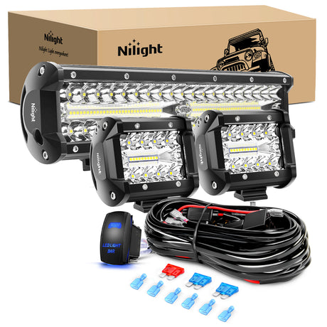 Nilight LED Light Bar 12 Inch 300W Spot Flood Combo 2 Pcs 4 inch 60W LED Pods Boat Driving Fog Lights with Off Road Wiring Harness- 3 Leads for Trucks Pickup Golf Cart SUV ATV UTV 4x4 Van Camper