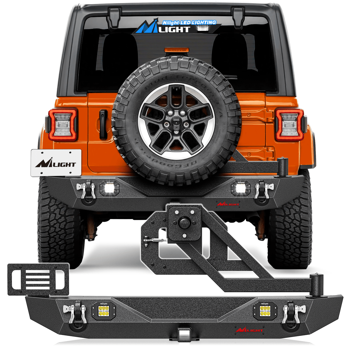 Front Bumper 2018 2019 2020 2021 2022 2023 2024 Jeep Wrangler JL JLU Unlimited (2/4 Doors) Rear Bumper Spare Tire Carrier 2inch Hitch Receiver License Plate Bracket 2 LED Lights D-rings