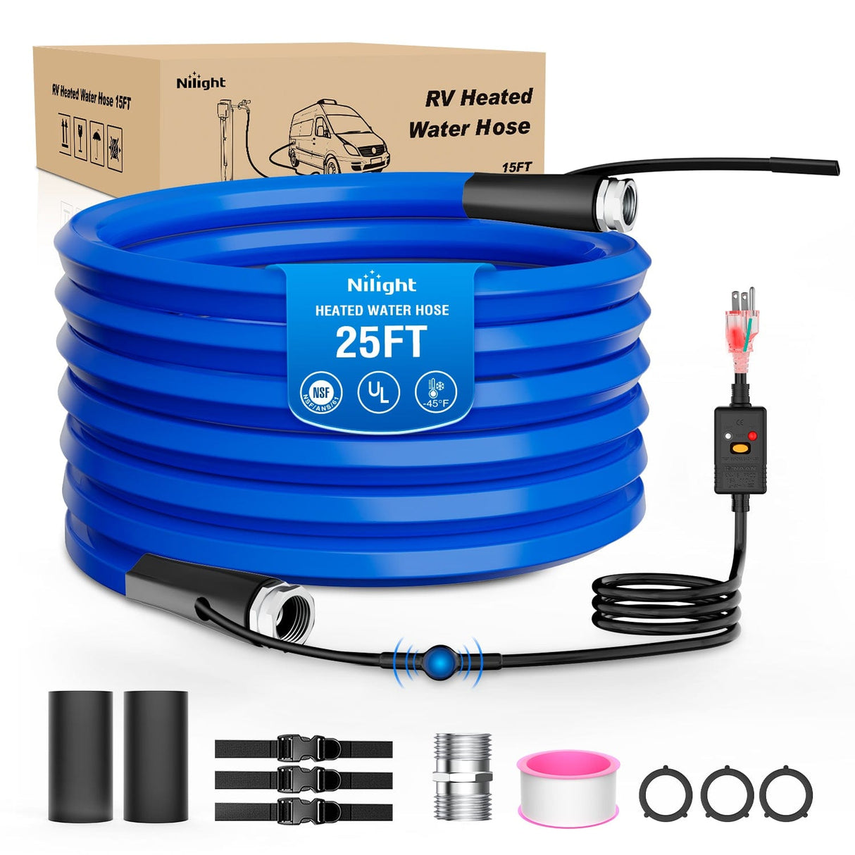 Nilight 25FT Heated Water Hose RV 5/8”Inside Diameter -45°F Freeze Protaction Antifreeze Garden Drinking Hoses with Saving Thermostat and Smart Heat System for Winter Camper Supply Accessories