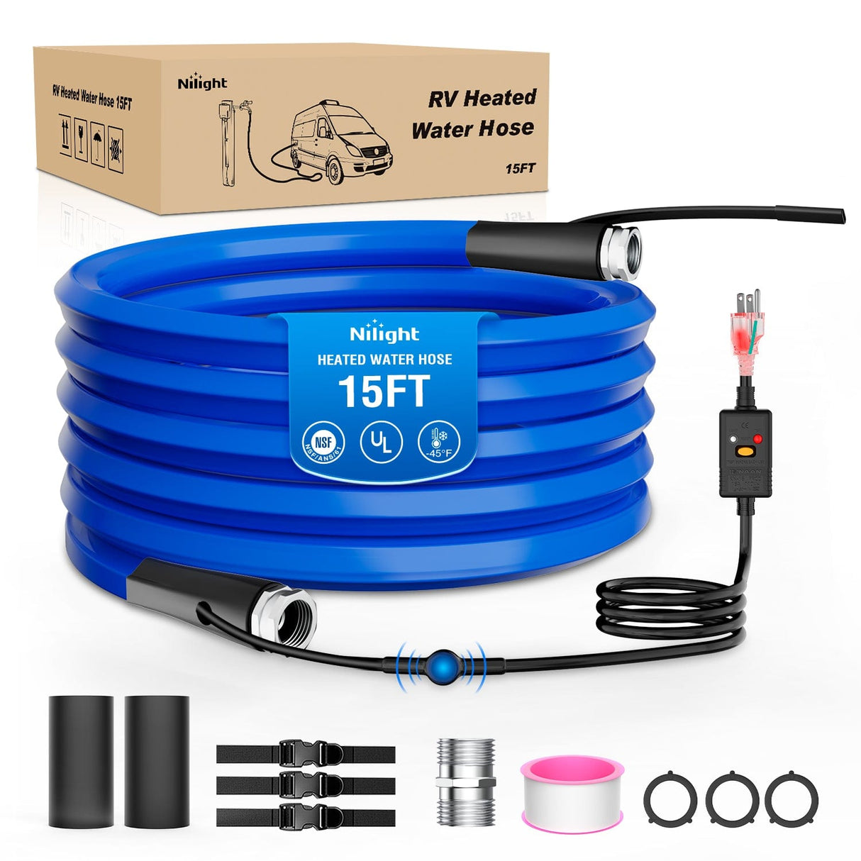 Nilight 15FT Heated Water Hose RV 5/8”Inside Diameter -45°F Freeze Protaction Antifreeze Garden Drinking Hoses with Saving Thermostat and Smart Heat System for Winter Camper Supply Accessories
