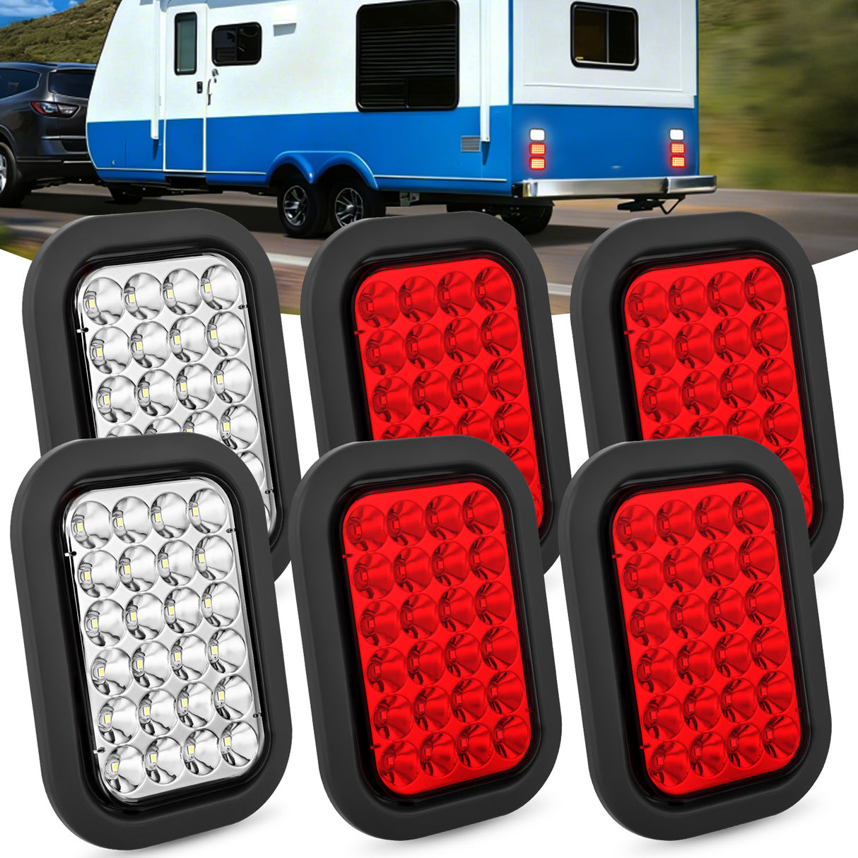Tail Brake Turn Reverse Lights 6 Pcs 5 X 3 Inch 24 Led Red & White Rectangular Trailer Tail Light