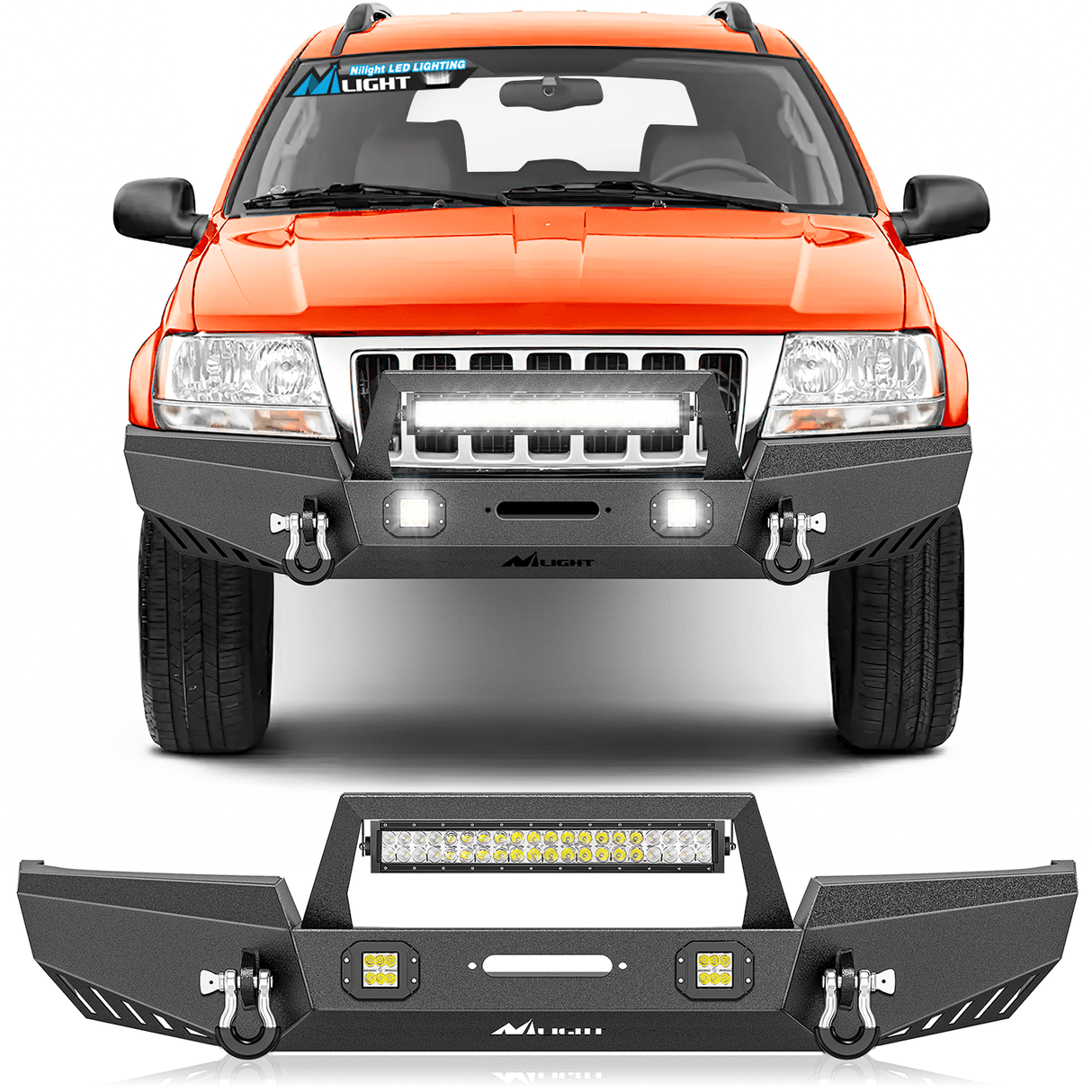 Front Bumper 1999 2000 2001 2002 2003 2004 Jeep Grand Cherokee WJ Front Bumper Winch Plate Offroad 120W Light Bar 18W Light Pods