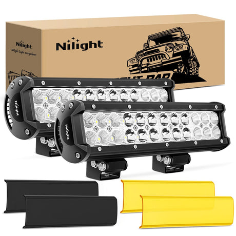 Nilight 12 Inch 72W 5000LM Double Row Spot Flood LED Light Bars with Amber/Black Covers (Pair)