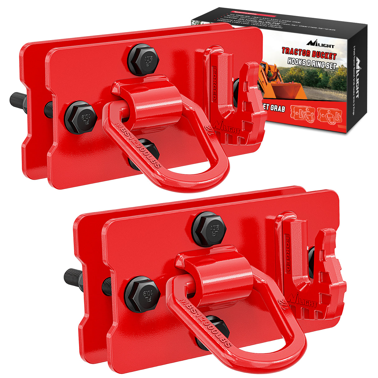 Nilight 2PCS Tractor Bucket Hooks with Tie Down Ring, Bolt-On Grab Hook with Back Plates Compatible with Trailer RV UTV Truck, Grade 70 Grade Forged Steel Max 15000 lbs, Red