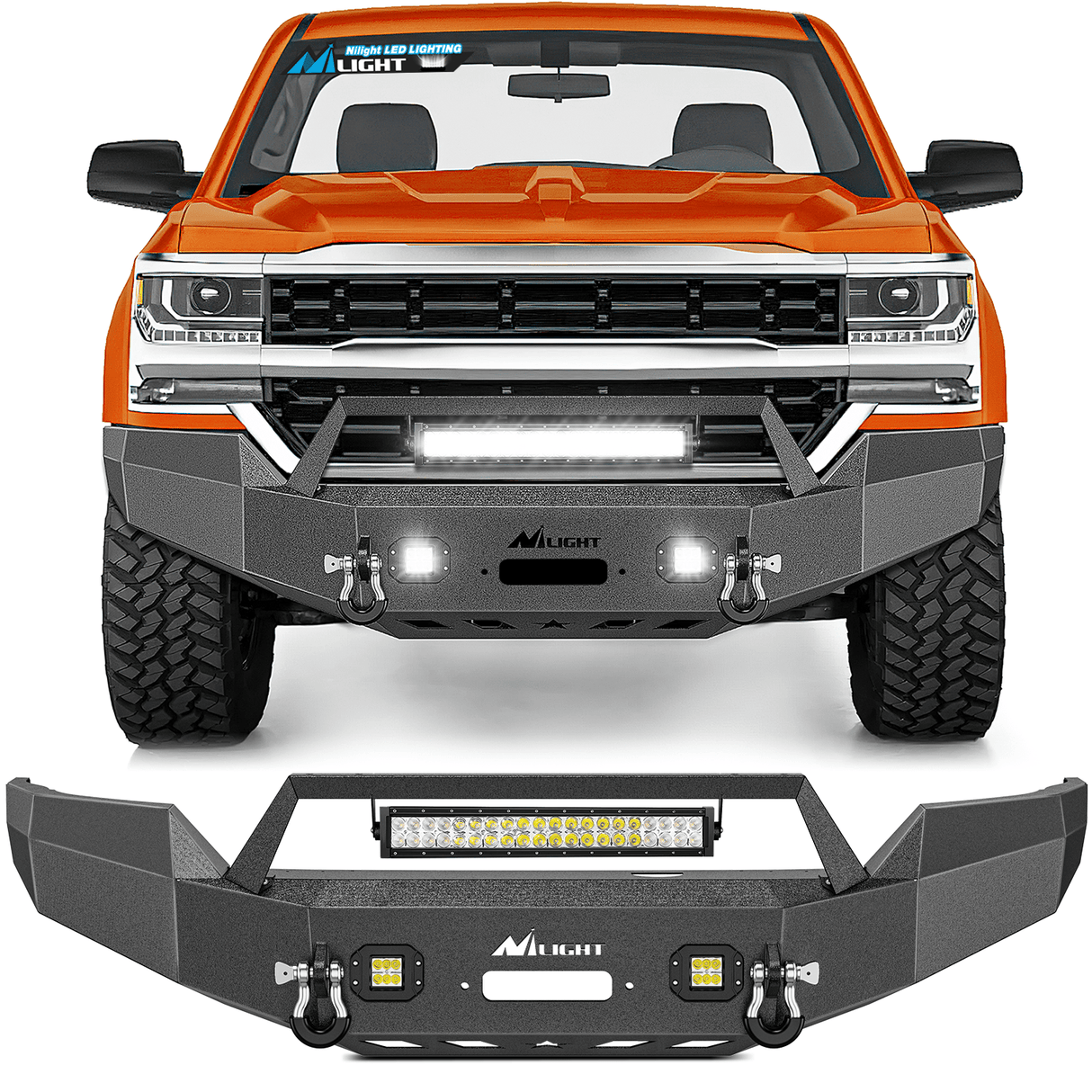 Front Bumper 2016 2017 2018 Chevy Silverado 1500 Front Bumper Textured Black Solid Steel 120W Light Bar 18W Light Pods