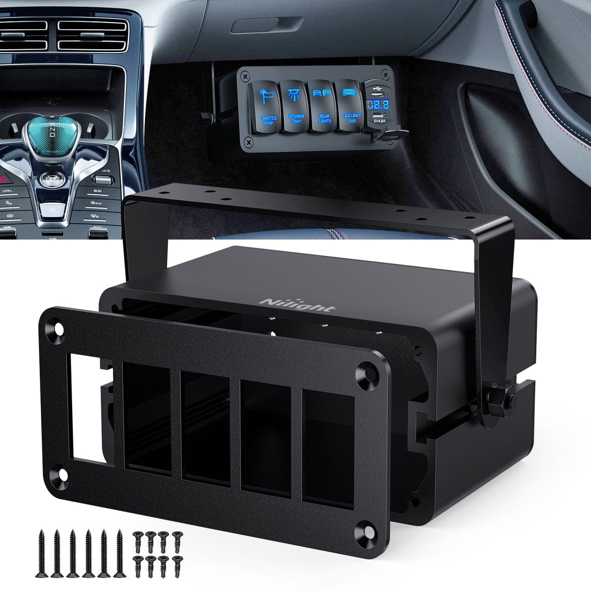 Nilight 5 Gang Rocker Switch Box 5 Holes Panel Detachable Installation Housing Waterproof Aluminum Rotatable Mount Bracket 12V 24V DIY Toggle Switches Voltmeter USB Socket for Boats Cars RVs Trucks