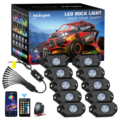 Nilight RGB LED Rock Lights Kit 10 Pods Underglow Multicolor Neon Pod with Remote & Bluetooth App Control DIY Flashing Music Mode Wheel Well Light for Truck ATV UTV RZR SUV