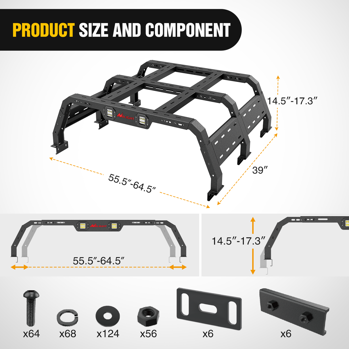 Nilight Truck Bed Cargo Rack Compatible with 2002-2024 Dodge Ram 1500 2014-2024 Chevy Silverado 1500 2009-2024 Ford F150 2007-2013 Toyota Tundra Overland Extender with 2Pcs LED Light Pods