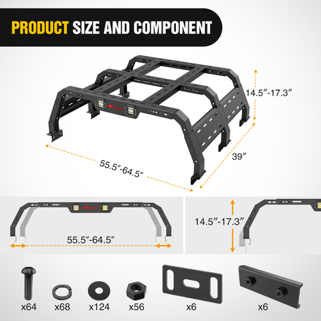 Nilight Truck Bed Cargo Rack Compatible with 2002-2024 Dodge Ram 1500 2014-2024 Chevy Silverado 1500 2009-2024 Ford F150 2007-2013 Toyota Tundra Overland Extender with 2Pcs LED Light Pods