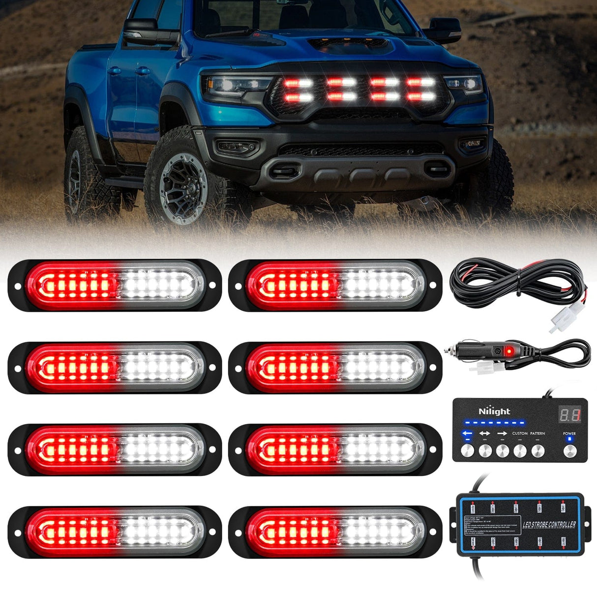 Nilight 8PCS Led Strobe Lights with Controller 12V 24V Sync Feature Red White Strobe Light 12 LED Surface Mount Emergency Hazard Warning Lights with Strobe Controller for Vehicle Car Truck RV ATV