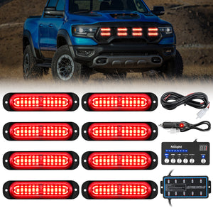 8PCS Led Strobe Lights with Controller 12V 24V Sync Feature Red Strobe Light 12 LED Surface Mount Emergency Hazard Warning Lights with Strobe Controller for Vehicle Car Truck RV ATV