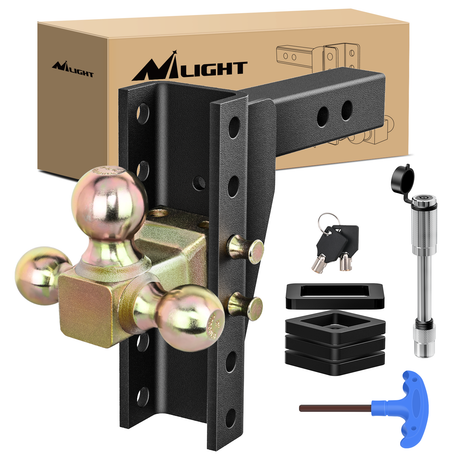 Nilight Adjustable Tri-Ball Trailer Hitch Mount 8 Inch Drop/Rise Hitch 1-7/8Inch 2Inch 2-5/16Inch Fits 2-Inch Receiver 15000lbs GTW for Heavy Duty Truck with Anti-Theft Pin