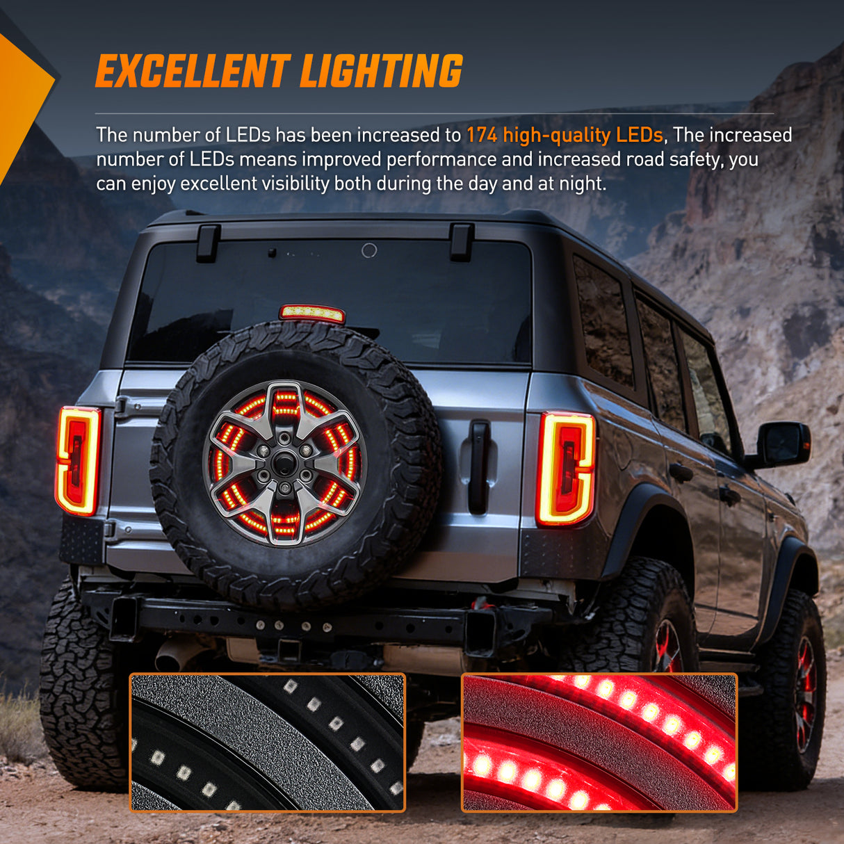 Tail Brake Turn Reverse Lights Spare Tire Brake Light Red Double Row LED Ring 3rd Third Stop Rear Wheel Lights Plug and Play Fit for 2021 2022 2023 2024 2025 Ford Bronco 2/4 Doors