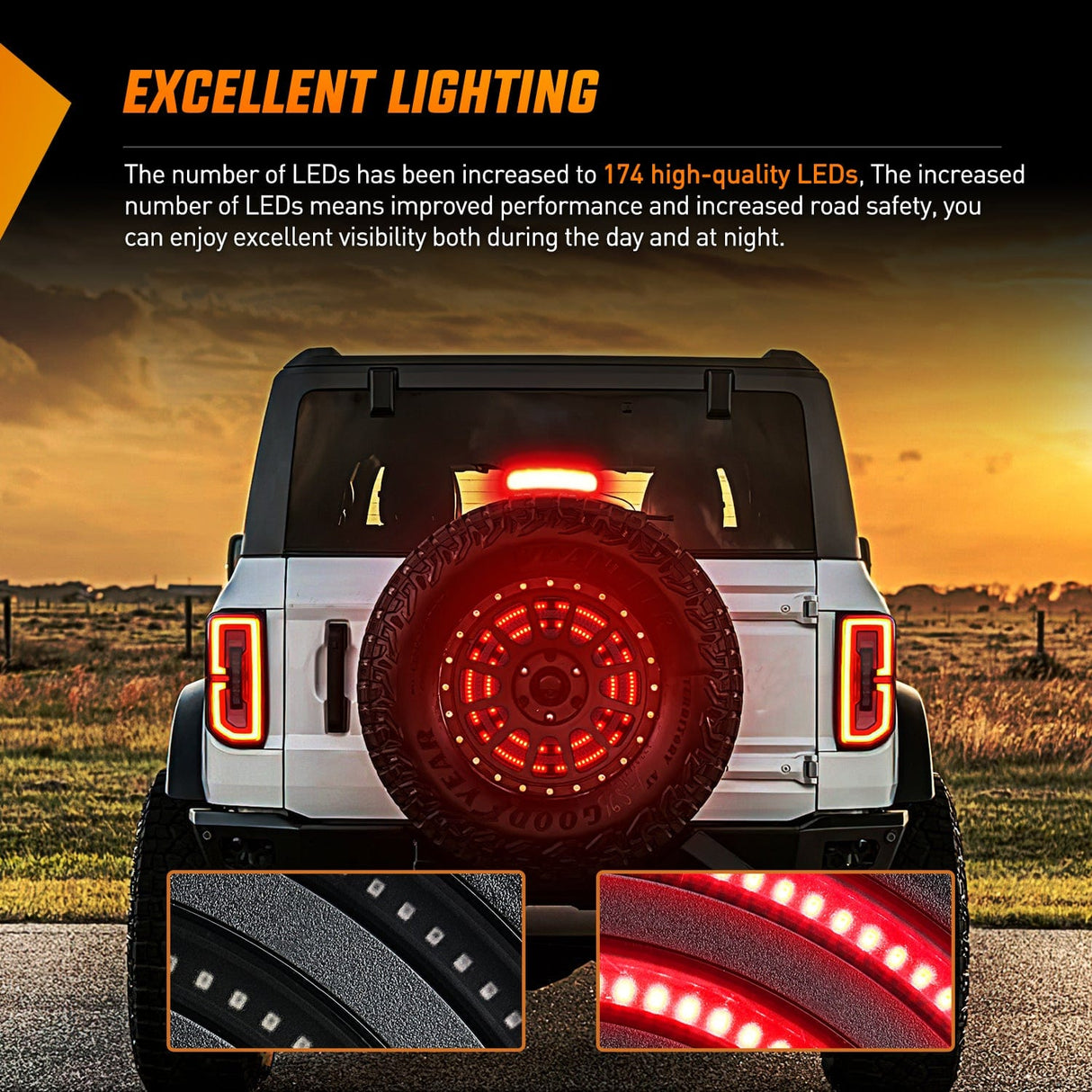 Tail Brake Turn Reverse Lights Spare Tire Brake Light Red Double Row LED Ring 3rd Third Stop Rear Wheel Lights Plug and Play Fit for 2021 2022 2023 2024 2025 Ford Bronco 2/4 Doors