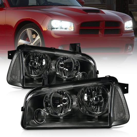 Headlight Assembly Headlight Assembly Compatible with 2006 2007 2008 2009 2010 Dodge Charger Smoke Housing Clear Reflector Lens Headlights Replacement Bumper Lamp Set Driver and Passenger Side