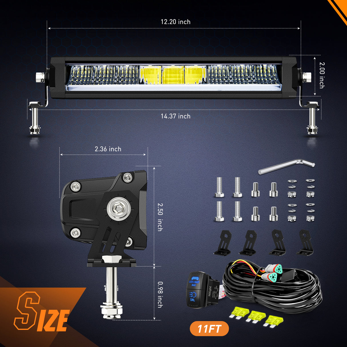 LED Light Bar with Amber DRL 2 PCS 45 W 12.2 Inch Single Row Slim 4980 LM Anti-Glare Flood Spot Combo IP68 Offroad Driving Lights w/ 16AWG DT Wiring Kit for Pickup Truck SUV ATV UTV 4x4 Jeep