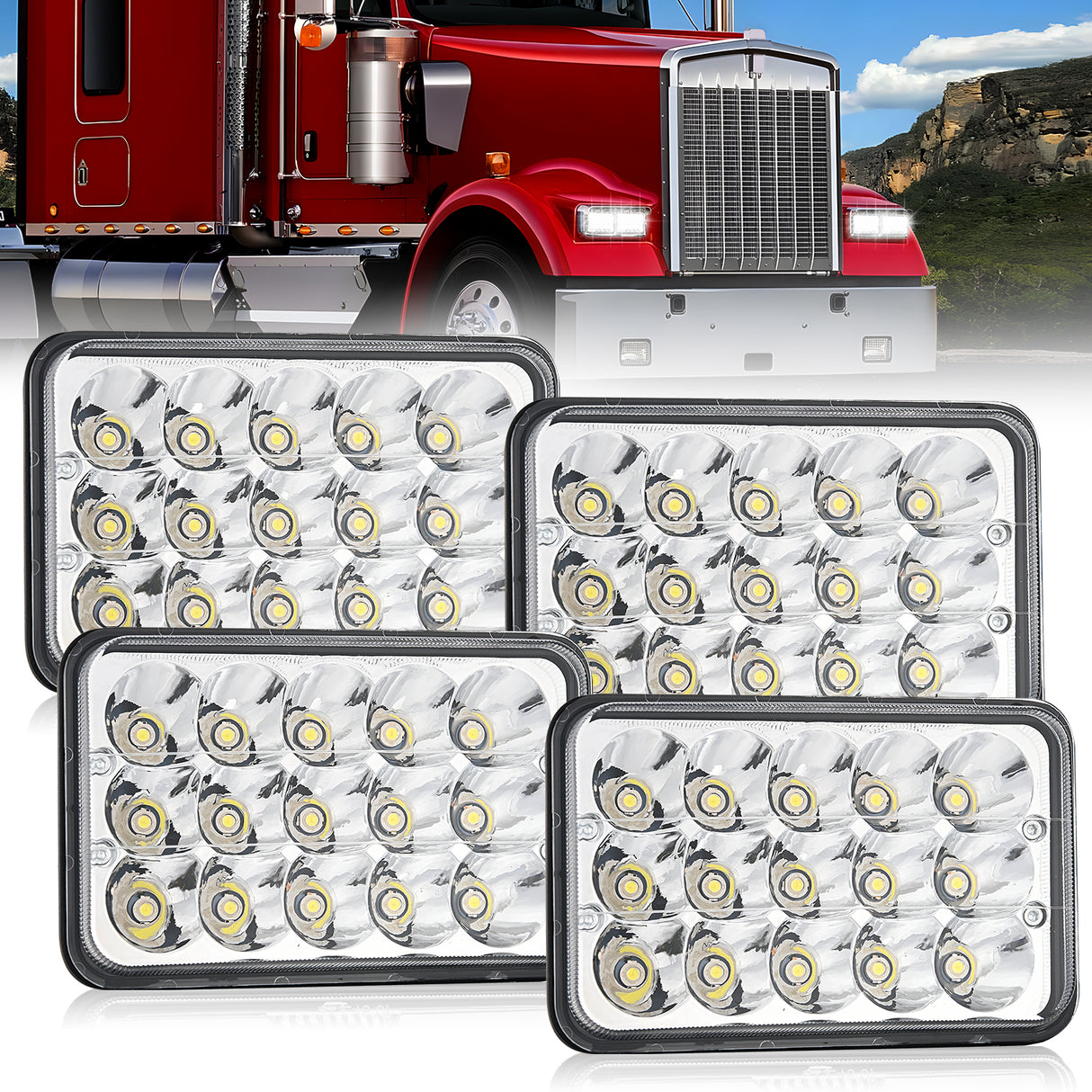 4x6 Inch LED Headlights 45W Hi/Lo Sealed Beam Rectangular Headlight Replacement H4651 H4652 H4656 H4666 H6545 Compatible with Chevy Kenworth Peterbil Ford Freightliner Oldsmobile(Silver, 4PCS)