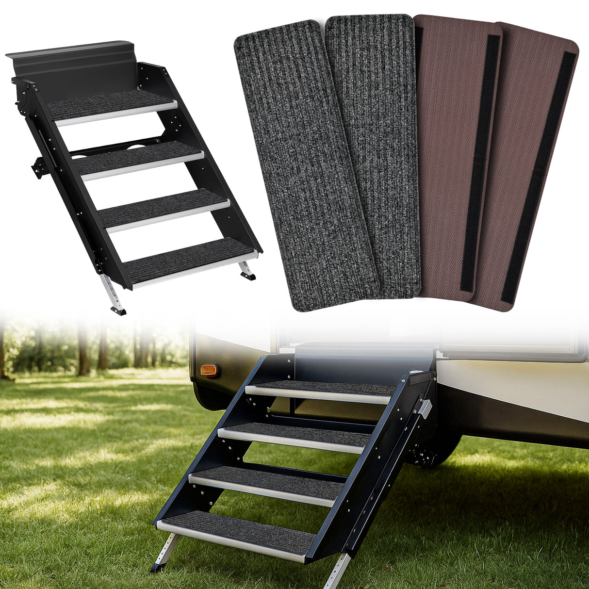 Nilight RV Step Covers 4 Pack 24 x 7.5 inches, Non Slip Camper Steps RV Step Rug with Hook & Loop Works on Electrical & Manual RV Stairs Carpet Rug for Mobile Home Camper Trailers Steps Outside, Gray